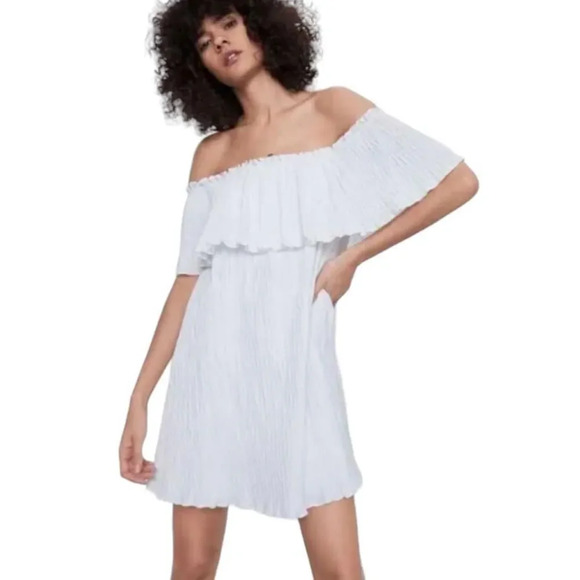 Zara White Off Shoulder Ruffle Pleated Dress Size XL - Picture 1 of 9